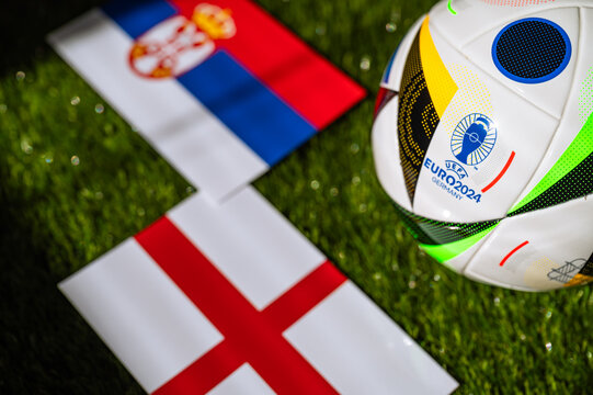 Serbia vs England, Euro 2024 Group C football match at Arena AufSchalke, Gelsenkirchen, 16 June 2024, official ball on green grass