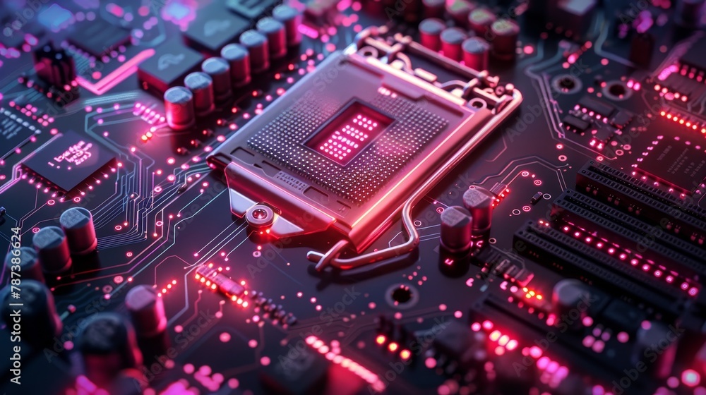 Aufkleber a computer chip is lit up in a red glow. the chip is a processor and is surrounded by other electron