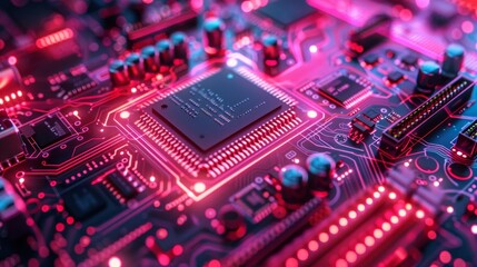 A computer chip is shown in a bright red color. The chip is surrounded by other electronic components, creating a vibrant and energetic atmosphere. Concept of excitement and innovation - obrazy, fototapety, plakaty