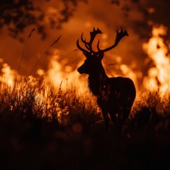 silhouette of a wild animal away from flames in a meadow during the twilight hours 
