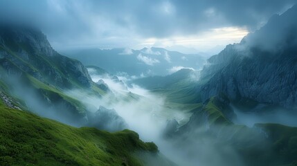 The mountains are covered in fog and the sky is cloudy. The misty atmosphere gives the scene a serene and peaceful mood