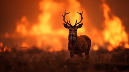 silhouette of a wild animal away from flames in a meadow during the twilight hours 
