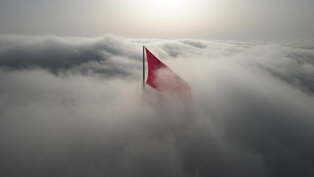 Turkish Flag in the Foggy Morning Drone Video Uskudar, Istanbul  Turkiye (Turkey)