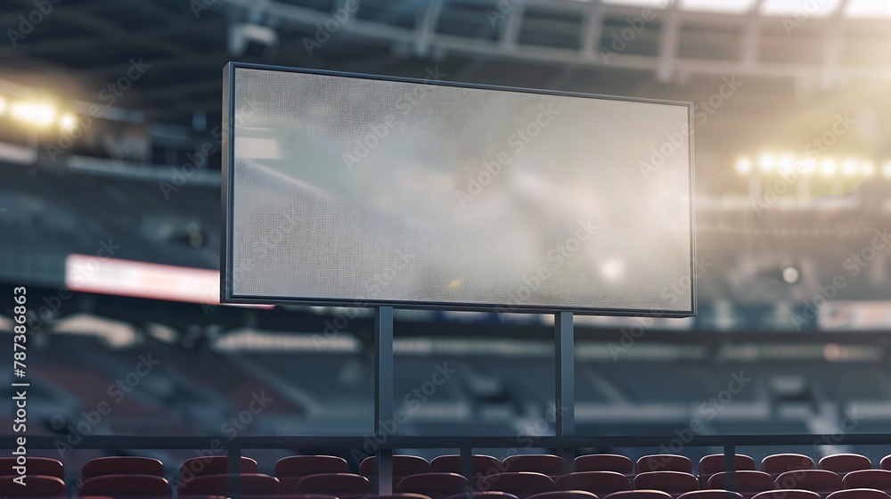 Poster mockup of a large billboard with a gray screen against a blurred sports complex and chairs for fans 