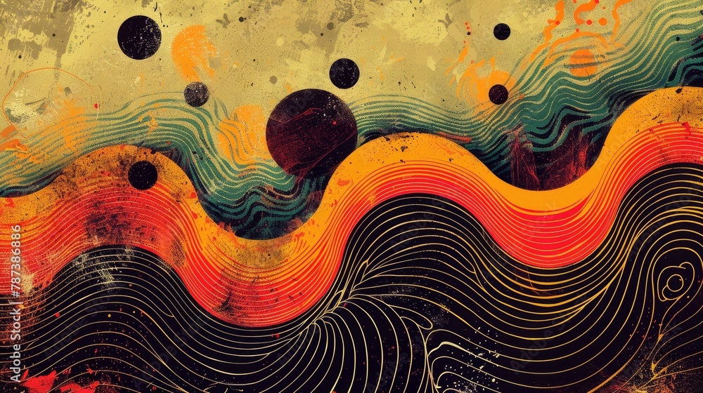 Poster a painting of a wave with a lot of dots and lines. the painting is abstract and has a lot of differe