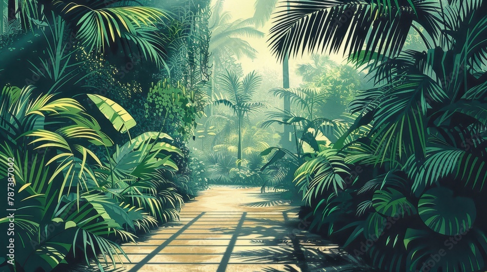 Poster a lush jungle with a path through it. the path is surrounded by tall trees and plants, and the sunli