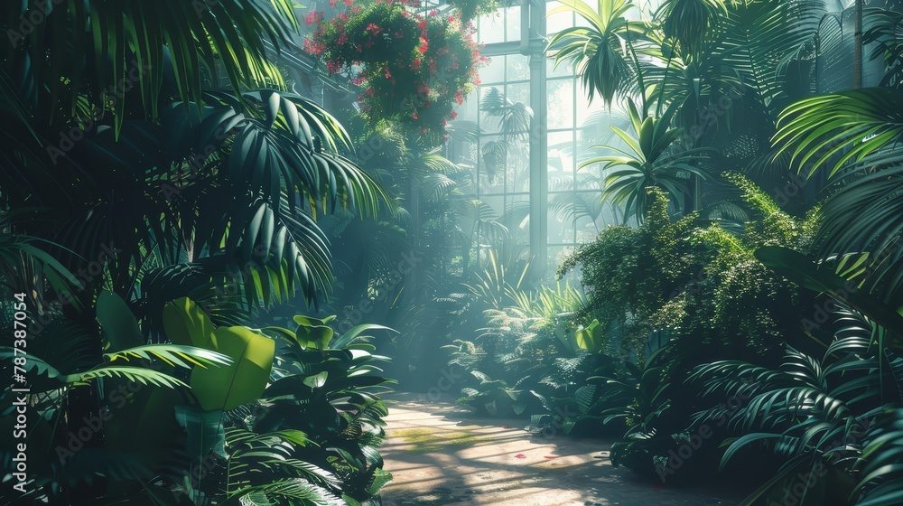 Poster a lush jungle with a path through it. the path is surrounded by trees and plants, and there is a lar
