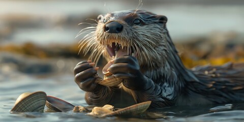 Naklejka na ściany i meble A detailed wildlife shot captures an otter's delight while eating shellfish against a soft golden sunset