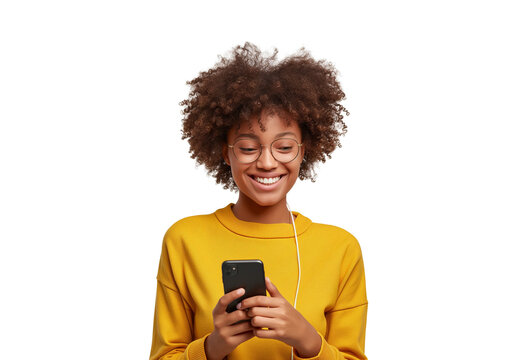 happy woman using smartphone isolated on transparent background, PNG, cut out