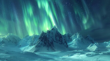 A beautiful and serene landscape with a mountain range in the background and a bright green aurora in the sky. Scene is peaceful and calming