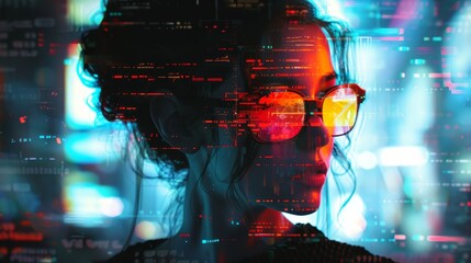 A woman with a digital face is wearing glasses. The image has a futuristic and abstract feel to it