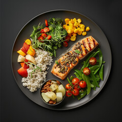Healthy gourmet meal with grilled salmon, wild rice, mixed vegetables, fresh greens, and seasonal fruit served on a dark plate — ideal for nutrition, clean eating, meal prep, or restaurant menu concep