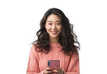 Beautiful young woman smiling while using mobile phone isolated on transparent background, PNG, cut out