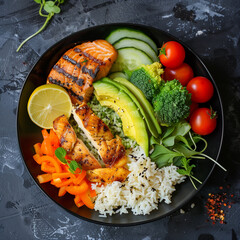 Healthy gourmet meal with grilled salmon, wild rice, mixed vegetables, fresh greens, and seasonal fruit served on a dark plate — ideal for nutrition, clean eating, meal prep, or restaurant menu concep