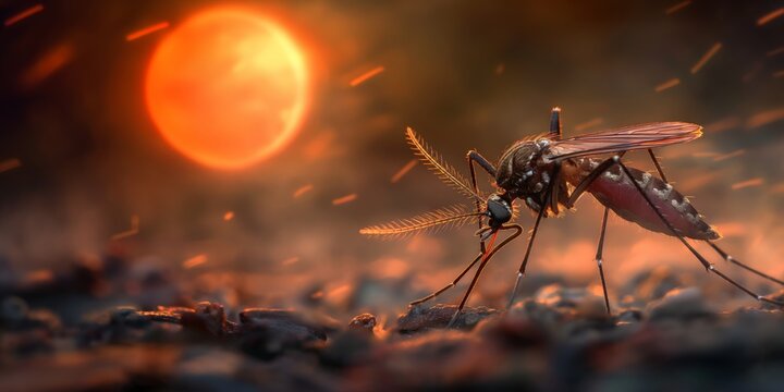 Dramatic macro shot of a mosquito with detailed features against a backdrop of a vibrant, fiery sunset, depicting the theme of survival
