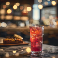Iced red drink in a clear glass, glowing holiday lights in the background evoke a festive and warm ambiance
