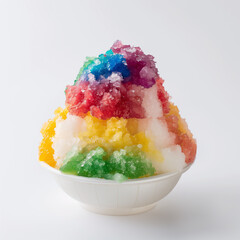 A cup of rainbow shaved ice, on a plain white studio background,