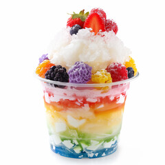 A cup of rainbow shaved ice, on a plain white studio background,