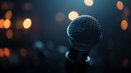 A microphone in the business, conference or concert hall. Bokeh effect - obrazy, fototapety, plakaty