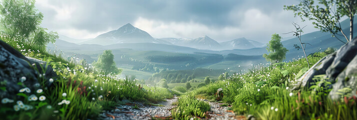 Lush Alpine Meadow with Scenic Mountain Backdrop, Sunlit Summer Landscape, Adventure in European High Peaks - obrazy, fototapety, plakaty