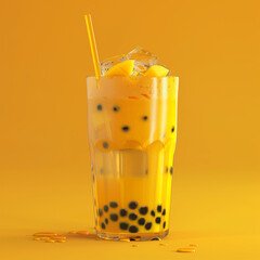 A glass of Mango boba tea with ice cubes, straw and foam on an isolated on yellow background.