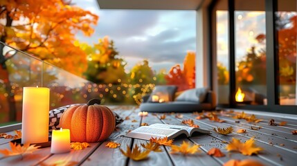 A pumpkin, candles, and a book rest on the wooden deck, surrounded by nature