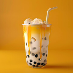 A glass of Mango boba tea with ice cubes, straw and foam on an isolated on yellow background.