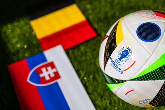 Belgium vs Slovakia, Euro 2024 Group E football match at Frankfurt Arena, Frankfurt, 17 June 2024, official ball on green grass