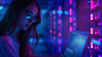 Woman Working in Data Center