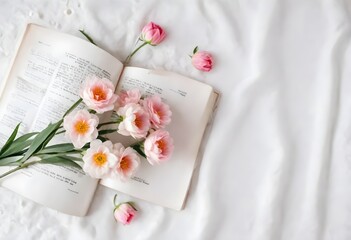 An open book surrounded by pink and white flowers on a white textured background