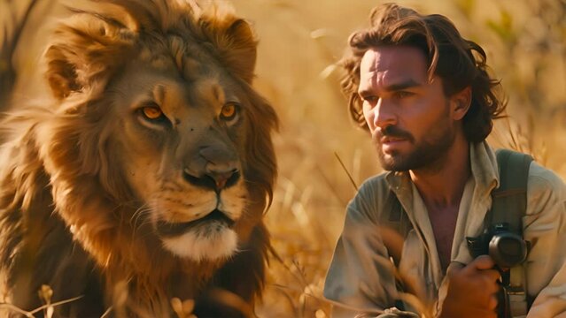 Lion and man in zoo: Majestic wildlife portrait of the king of the jungle