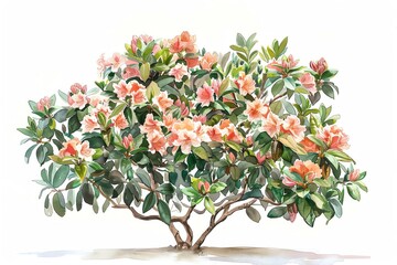 Rhododendron bush in watercolor, side view, white background, for landscape projects