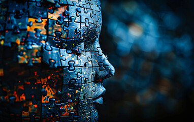 A human head is overlaid with the intricate patterns of a jigsaw puzzle, symbolizing the challenges and complexities of cognitive psychology and psychotherapy.  - obrazy, fototapety, plakaty