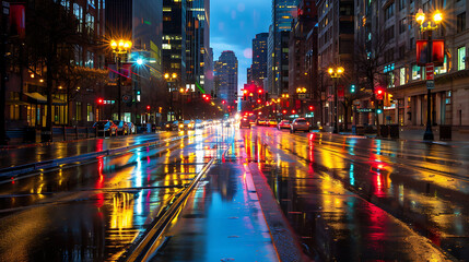 Fototapeta na wymiar City Lights Reflecting On Rainy Street