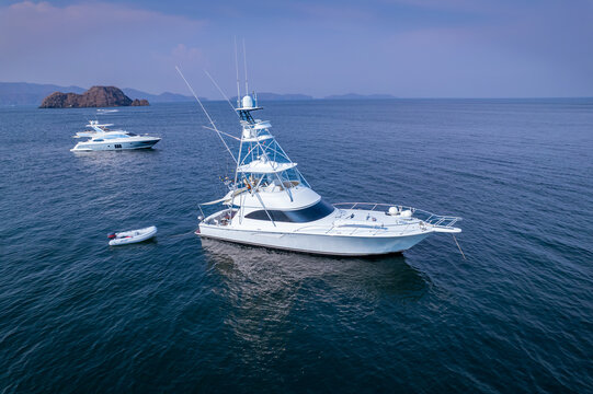 Beautiful aerial view of an impressive fishing luxury yacht in the Tortuga island in Costa Rica