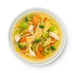 Chicken noodle soup isolated on white background, top view