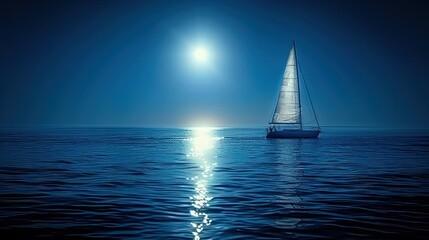 Sailboat Navigating Dark Ocean Waters at Night
