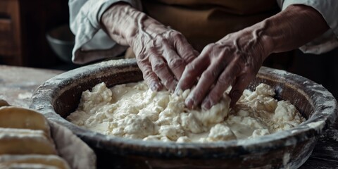 Seasoned hands of an old woman kneading dough in a wooden bowl, illustrating traditional homemade cooking - obrazy, fototapety, plakaty