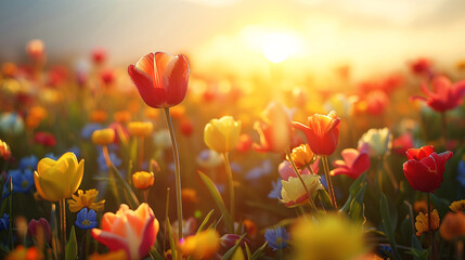 Campo de flores en primavera - obrazy, fototapety, plakaty