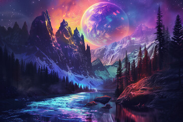 Amazing fantasy landscape with Milky Way nighttime - obrazy, fototapety, plakaty