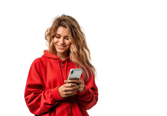 happy woman using smartphone isolated on transparent background, PNG, cut out