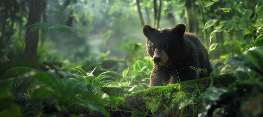 An intimate portrayal of a bear quietly observing its surroundings amidst the misty green foliage of the forest's morning light - obrazy, fototapety, plakaty