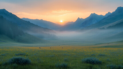 Tranquil Dawn in Misty Meadow with Deer and Forested Hills