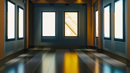 Three movie poster frames along the walkway in modern interior design for movie theater : Generative AI
