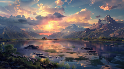Fototapeta na wymiar Stunning fantasy landscape during sunset