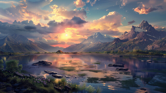 Stunning fantasy landscape during sunset
