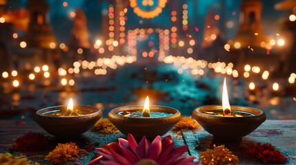Illuminated Traditional Oil Lamp Amidst Flower Petals and Sparkling Lights , diwali festival of light - obrazy, fototapety, plakaty