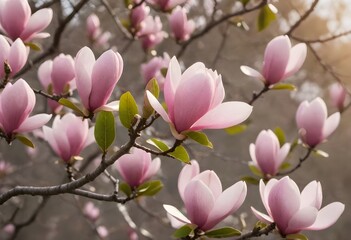 Close-up of pink magnolia flowers in bloom with leaves and branches, in natural daylight