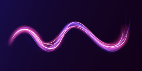 Light and stripes moving fast over dark background. Concept of leading in business, Hi tech products, warp speed wormhole science vector design. Abstract neon light rays background.