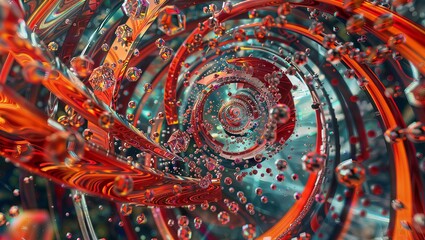 Dynamic abstract digital art depicting a spiraling pattern with metallic textures and a vibrant red and teal color scheme.